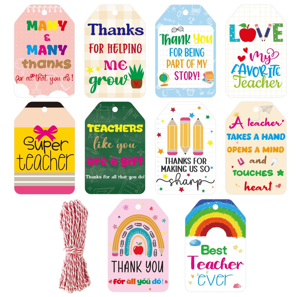 Teacher Appreciation Gift Tags Thank You Teacher Appreciation Week Gift Labels 60Pcs End of Year Students Thankful Labels with String Hanging Graduation School Party Supplies