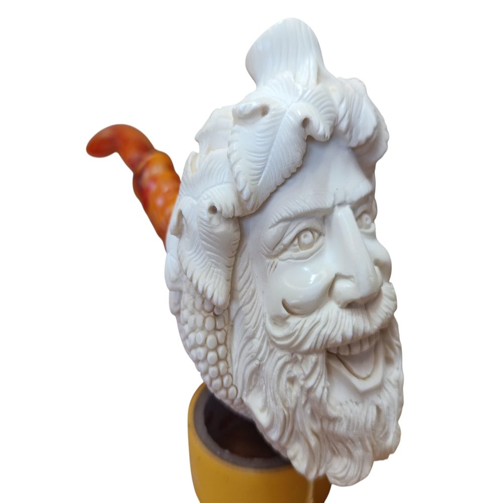 Meerschaum Online Block Meerschaum Dionysos Pipe, Hand-Carved Classical God Portrait with Vine and Grapeleaf Relief, 100% Natural White Meerschaum, 180mm Length