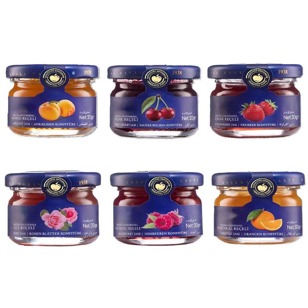 AGADE Mini Fruit Jam Variety Tasting Basket, 6 x 1.06 oz (30 g) Glass Jars Strawberry, Apricot, Raspberry, Orange, Sour Cherry & Rose Gourmet Turkish Preserves Gift Set, 6.35 oz Total