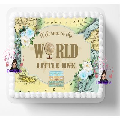 10" by 8" Welcome To The World Little One Baby Shower Adventure Begins Themed Edible Image Cake Topper, Frosting Sheet Decoration Blue Sticker Decal