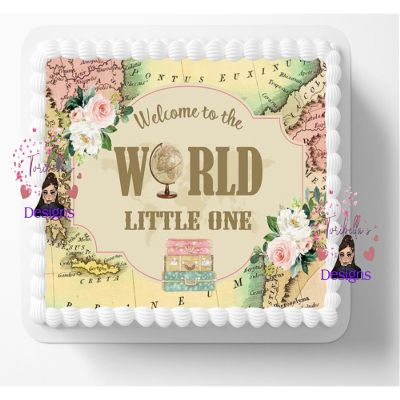 10" by 8" Welcome To The World Little One Baby Shower Adventure Begins Themed Edible Image Cake Topper, Frosting Sheet Decoration Pink Sticker Decal