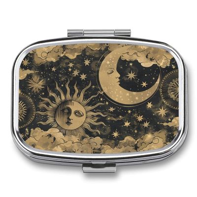 Metal 2 Compartment Pill Organizer Travel Friendly Portable Compact Pill Box Cute Pill Case,for Pocket Wallets Daily Portable Medicine Vitamin Tablet Storage (The Sun and The Moon)