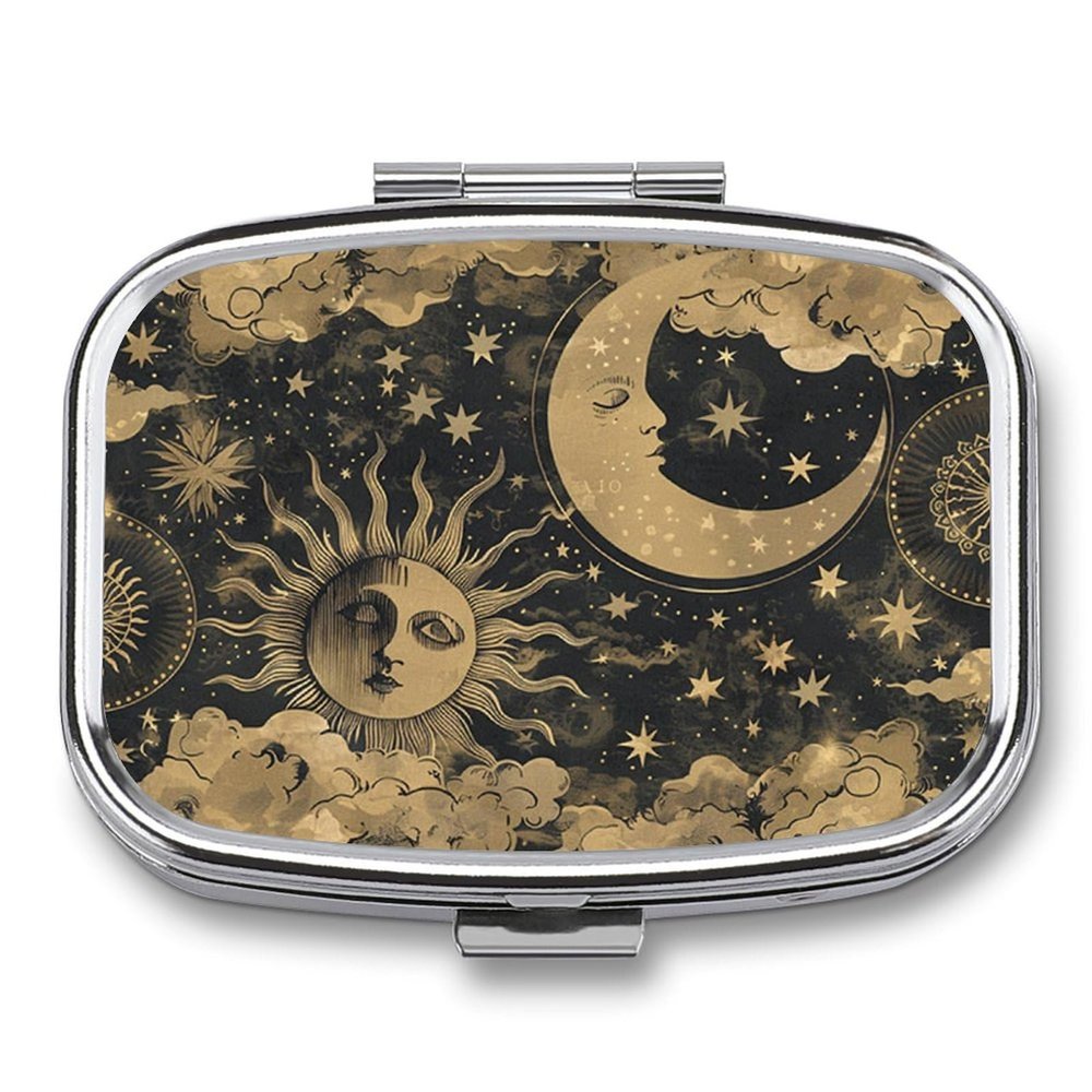 Metal 2 Compartment Pill Organizer Travel Friendly Portable Compact Pill Box Cute Pill Case,for Pocket Wallets Daily Portable Medicine Vitamin Tablet Storage (The Sun and The Moon)