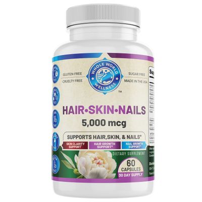 WHOLE WORLD WELLNESS Healthy Hair Skin and Nails Supplement for Women & Men | Supports Skin Clarity, Hair Growth, and Nail Strength | Biotin 5000mcg | 60 Capsules | Made in The USA.