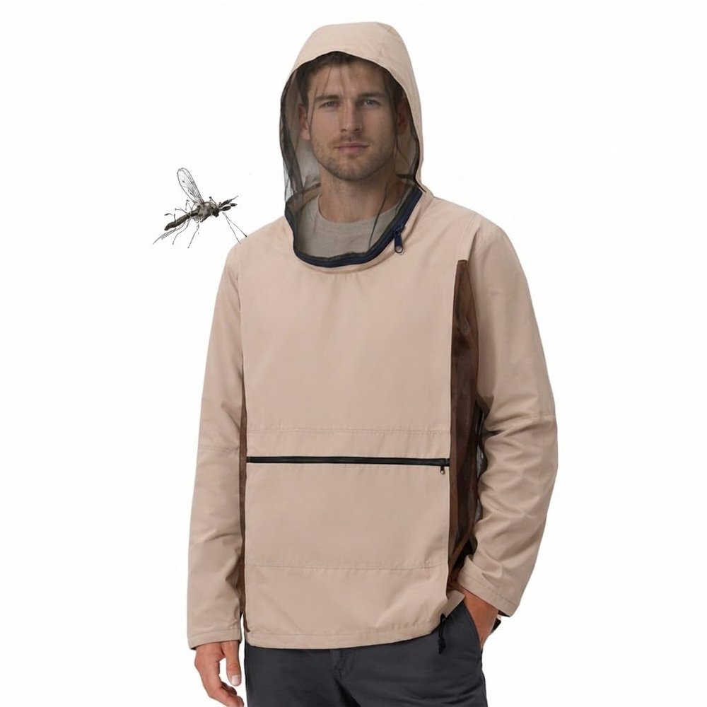 Aventik Guardex Mosquito Jacket with Reflective Strip & Horizontal Zip Pocket Tear-Resistant Bug Shirt with Detachable Hood (Medium-Large)