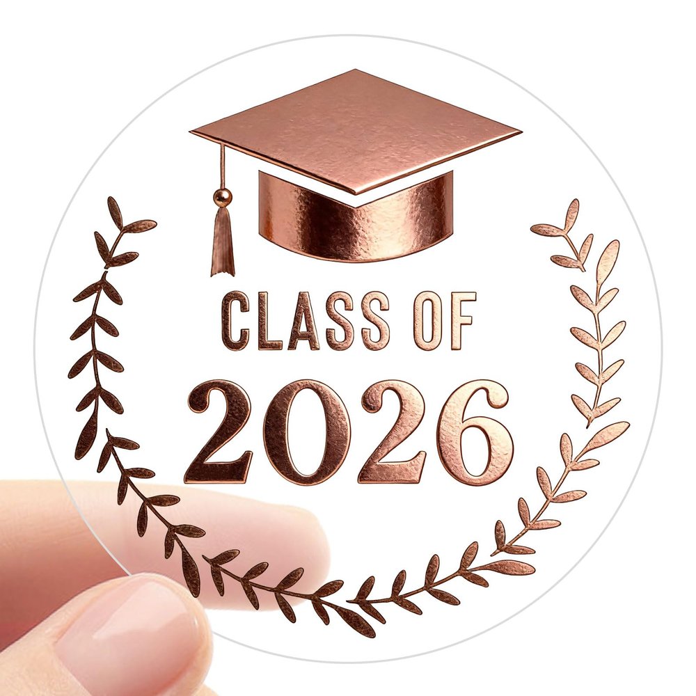100PCS Class of 2026 Graduation Stickers, Clear Gold Foil Seal Labels for Graduation Invitations, Envelopes, Party Favors, Graduation Announcements, 1.6 Inch (Rose Gold)