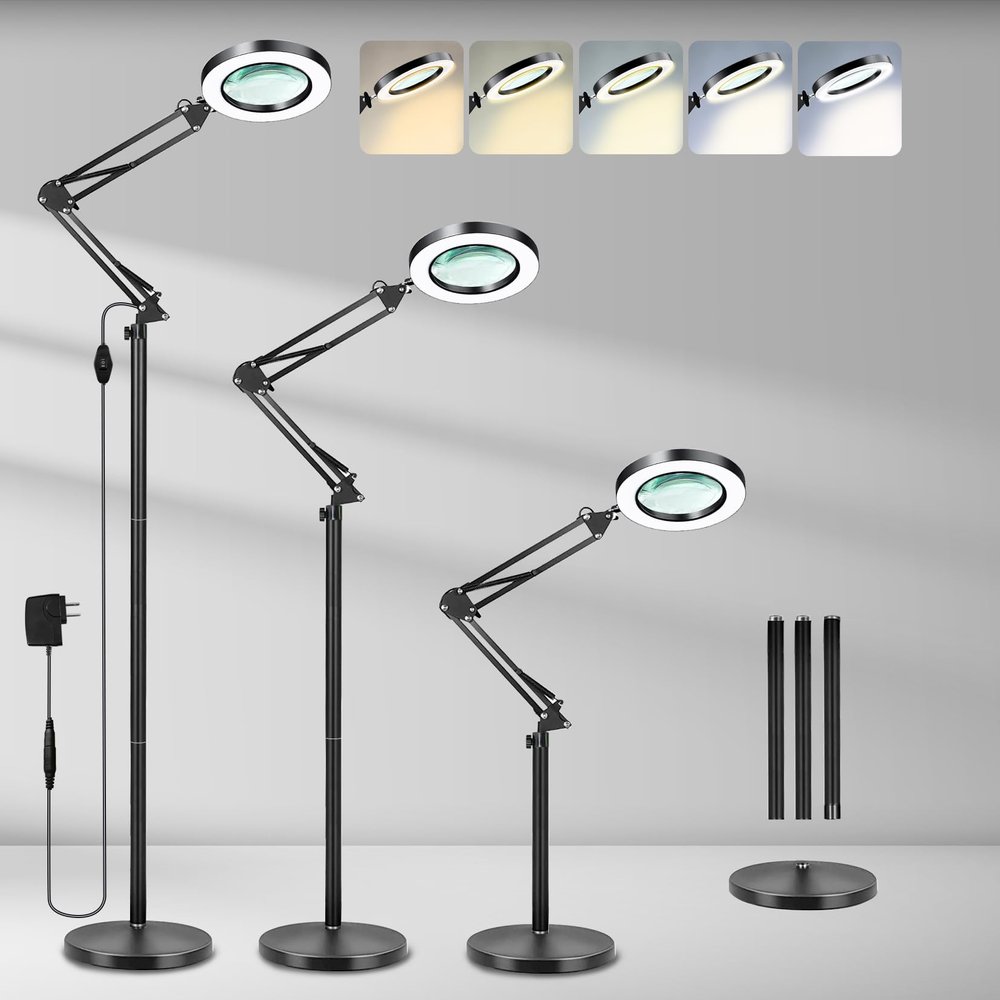 Baoomalongly 10X Large Floor Magnifying Glass with Light and Stand, 3-in-1 Adjustable Height Lighted Magnifier, 72 LED Floor Lamp 5 Color Stepless Dimmable Arm Swing Floor Magnifying Lamp for Reading