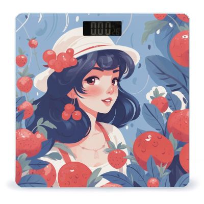 Girl and Red Berries Scale for Body Weight Anti-Slip Sturdy Tempered Glass Weighing Machine Highly Digital Accurate Bright LCD Bathroom Scale for Household Gift