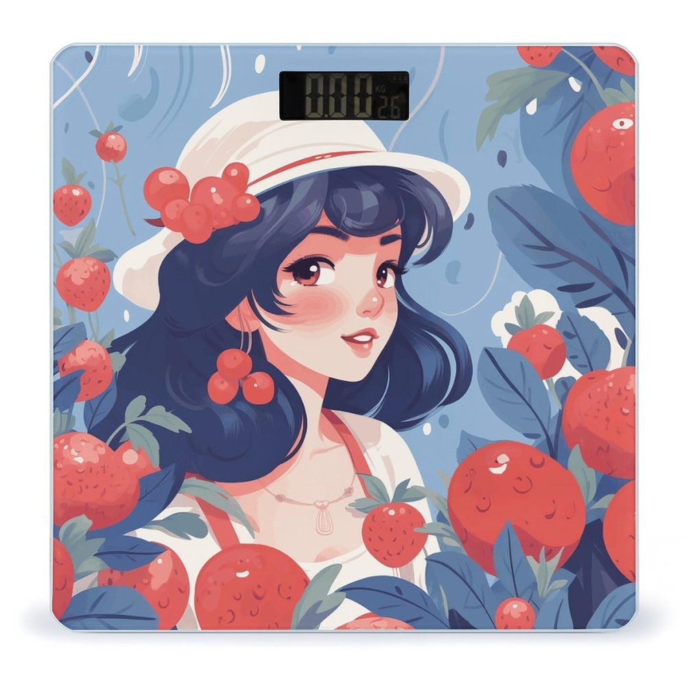 Girl and Red Berries Scale for Body Weight Anti-Slip Sturdy Tempered Glass Weighing Machine Highly Digital Accurate Bright LCD Bathroom Scale for Household Gift