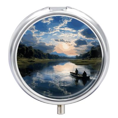 Fishing Scenic Round Pill Box 3 Compartment Small Pill Box Round Portable Pill Case to Hold Vitamins Medication Fish Oil and Supplements Travel Purse Pocket Gift