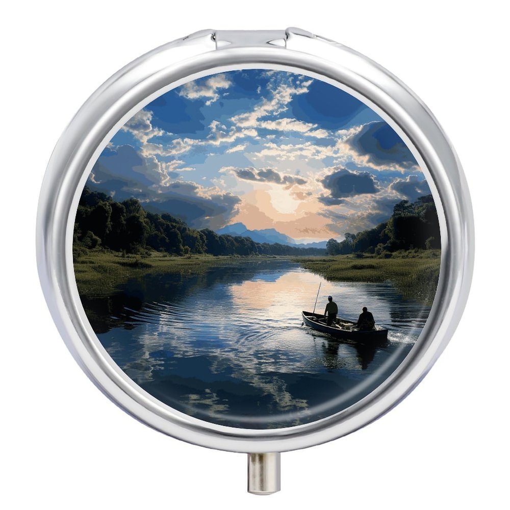 Fishing Scenic Round Pill Box 3 Compartment Small Pill Box Round Portable Pill Case to Hold Vitamins Medication Fish Oil and Supplements Travel Purse Pocket Gift