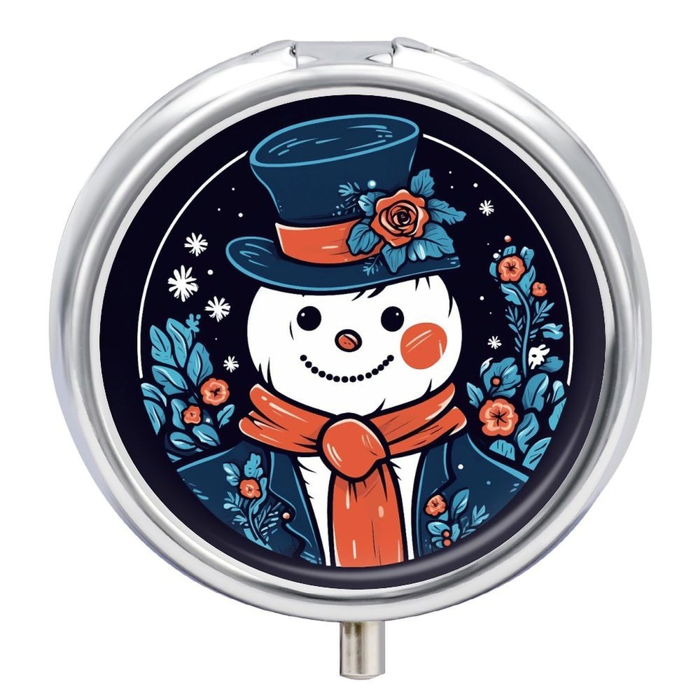 Portable Pill Box 3 Compartments, Small Round Metal Medicine Organizer for Pocket, Snowman Christmas Symbol Pill Case for Vitamins, Fish Oil, Supplement & Travel