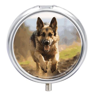 Running German Shepherd Dog Round Pill Box 3 Compartment Small Pill Box Round Portable Pill Case to Hold Vitamins Medication Fish Oil and Supplements Travel Purse Pocket Gift