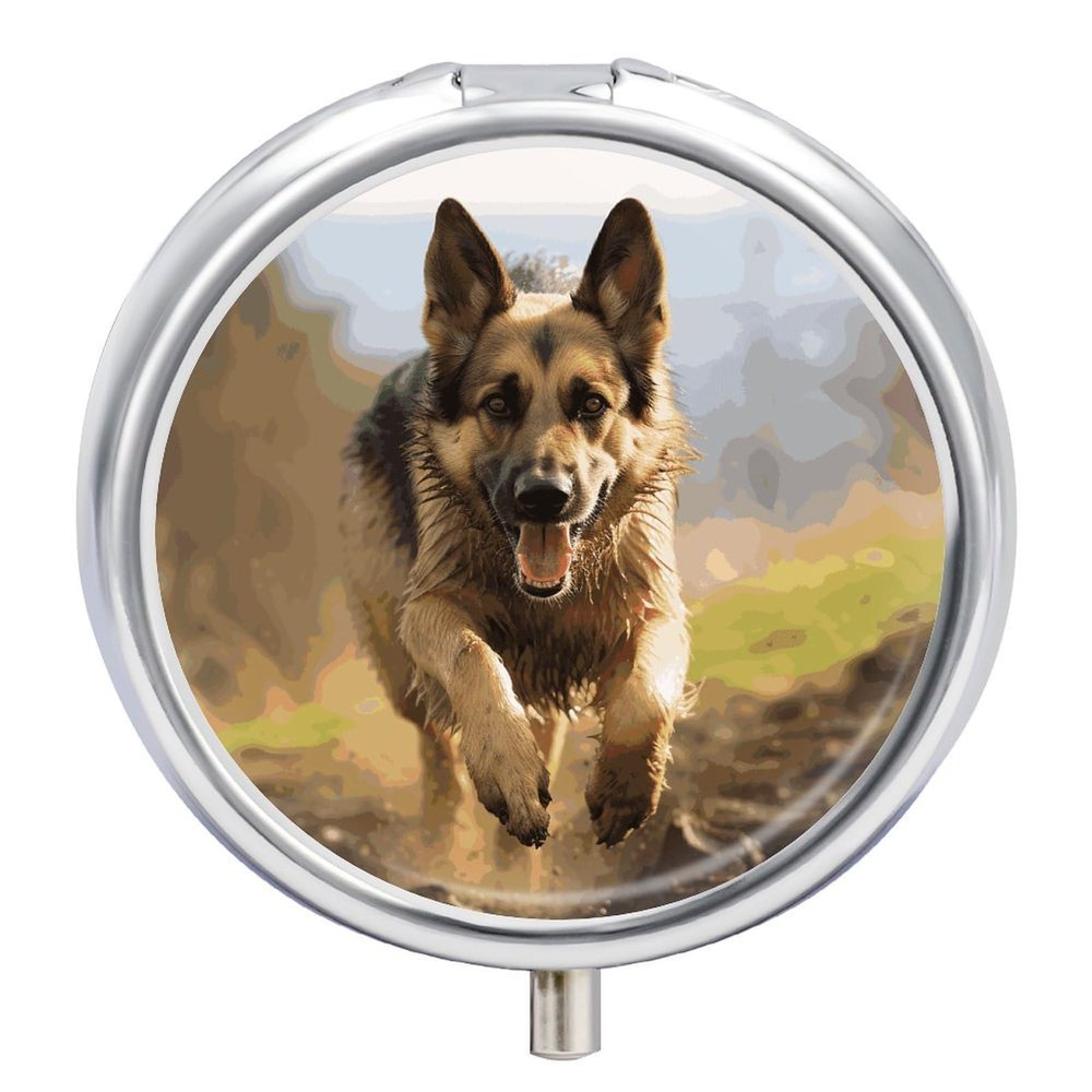 Running German Shepherd Dog Round Pill Box 3 Compartment Small Pill Box Round Portable Pill Case to Hold Vitamins Medication Fish Oil and Supplements Travel Purse Pocket Gift