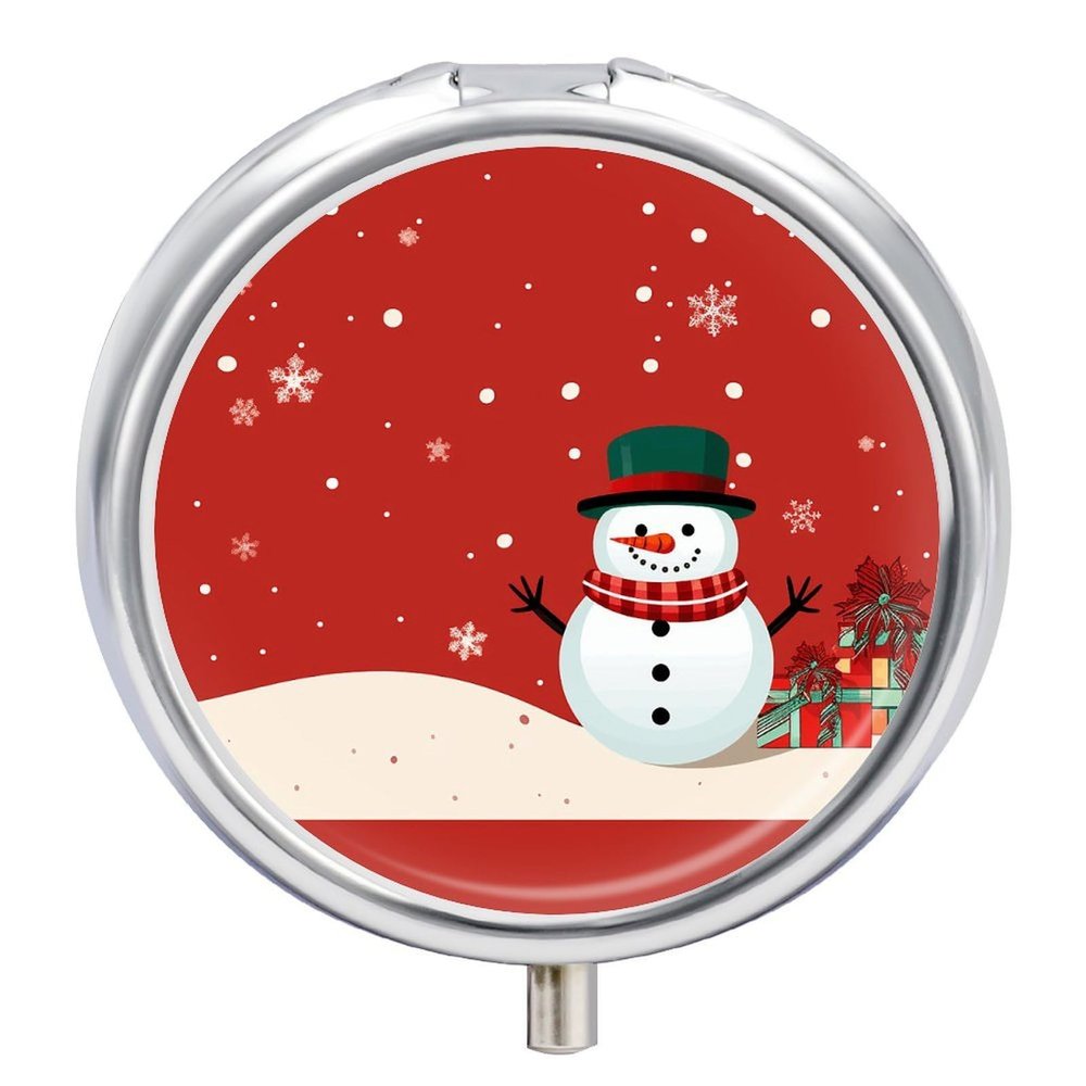 Portable Pill Box 3 Compartments, Small Round Metal Medicine Organizer for Pocket, Snowman Party Card Pill Case for Vitamins, Fish Oil, Supplement & Travel