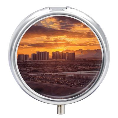 Las Vegas Sunset Round Pill Box 3 Compartment Small Pill Box Round Portable Pill Case to Hold Vitamins Medication Fish Oil and Supplements Travel Purse Pocket Gift