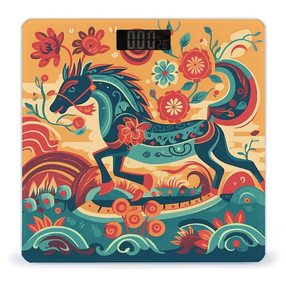 Painted Horse Scale for Body Weight Anti-Slip Sturdy Tempered Glass Weighing Machine Highly Digital Accurate Bright LCD Bathroom Scale for Household Gift