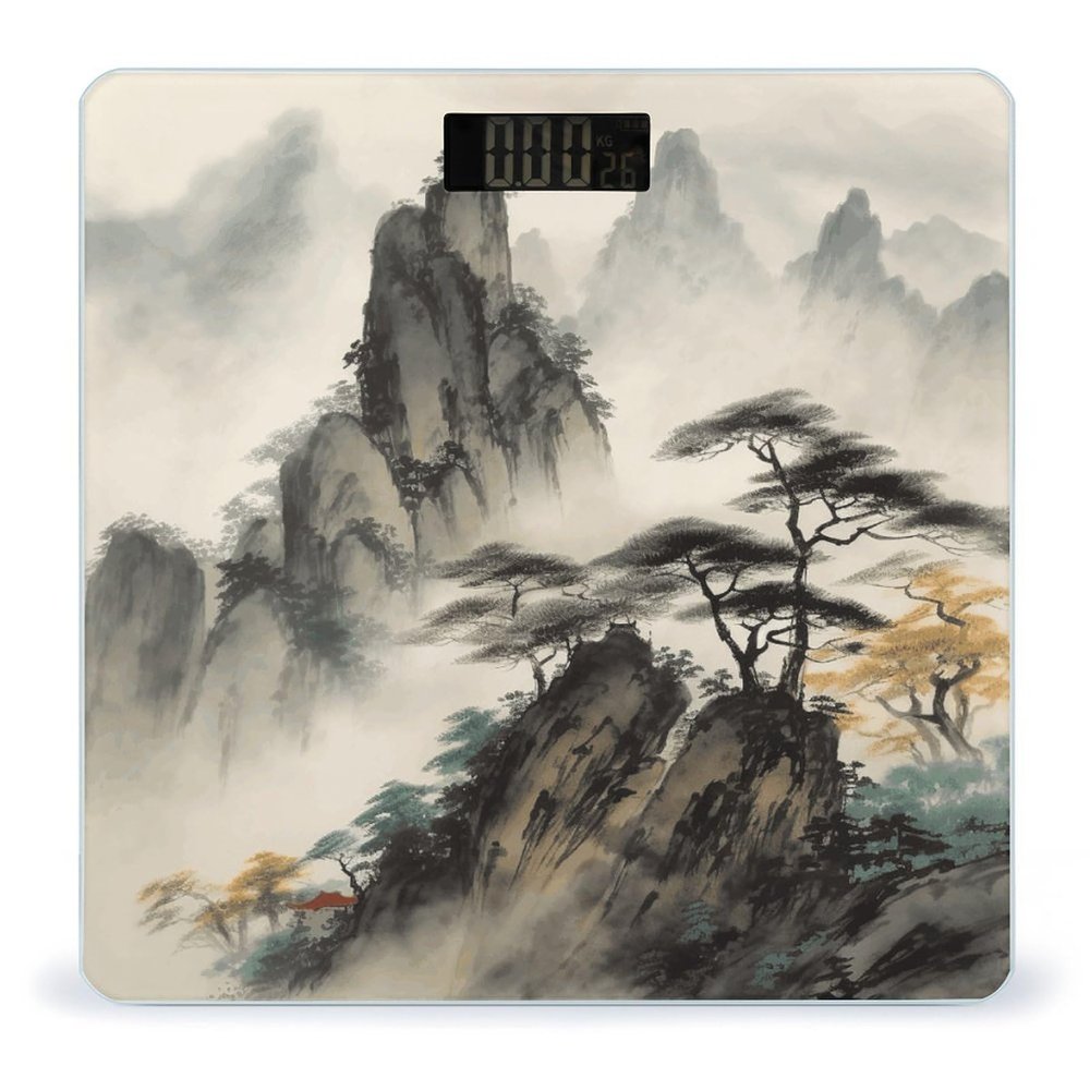 Chinese Landscape Painting Scale for Body Weight Anti-Slip Sturdy Tempered Glass Weighing Machine Highly Digital Accurate Bright LCD Bathroom Scale for Household Gift