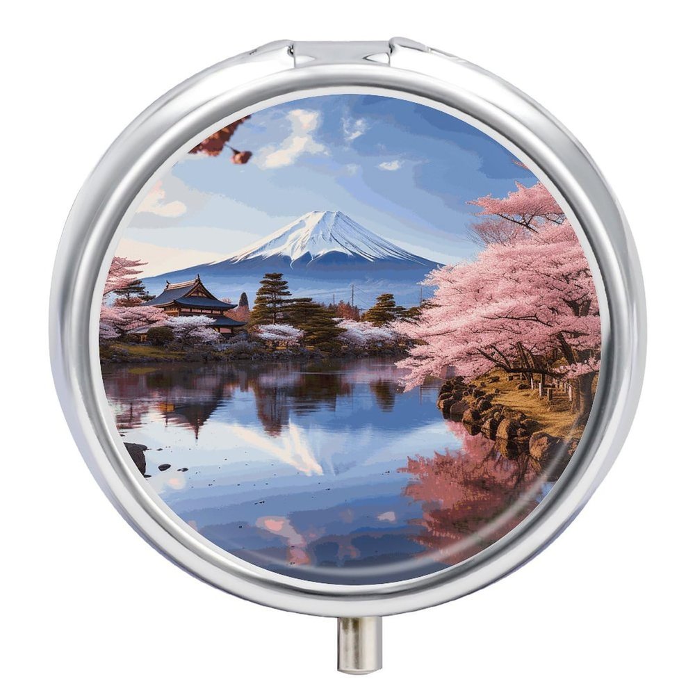 Mount Fuji Cherry Blossom Trees Round Pill Box 3 Compartment Small Pill Box Round Portable Pill Case to Hold Vitamins Medication Fish Oil and Supplements Travel Purse Pocket Gift