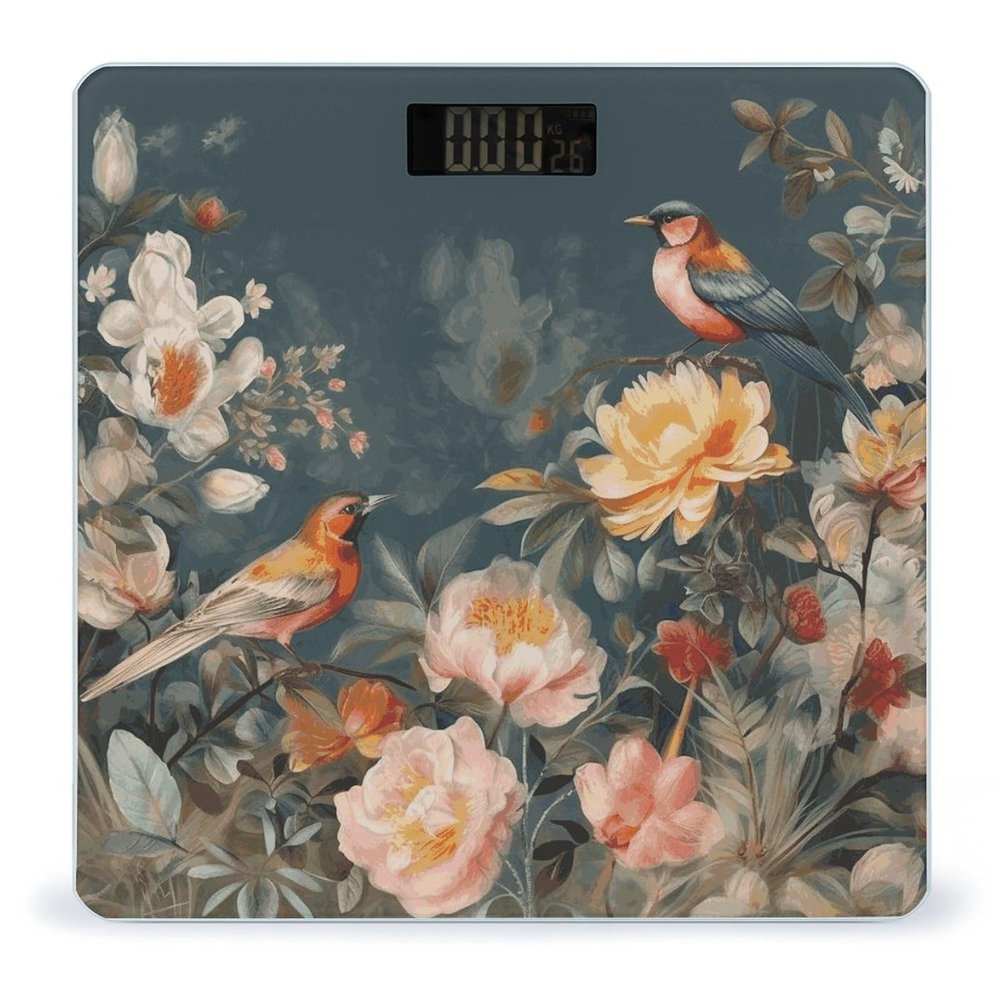 Flowers Birds Scale for Body Weight Anti-Slip Sturdy Tempered Glass Weighing Machine Highly Digital Accurate Bright LCD Bathroom Scale for Household Gift