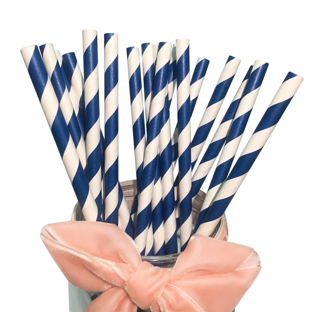 100 Pack Premium Navy Blue Striped Paper Straws, Blue and White Paper Drinking Straws Cake Pops Sticks Stirrer Disposable Biodegradable Straws (6x197mm