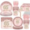 121Pcs 65th Birthday Party Supplies Plates Napkins Cups Forks Tablecloth Rose Gold Happy 65th Birthday Themed Disposable Tableware Decorations Serves 24 Guests for Women Ladies 65 Years Old Birthday view 1
