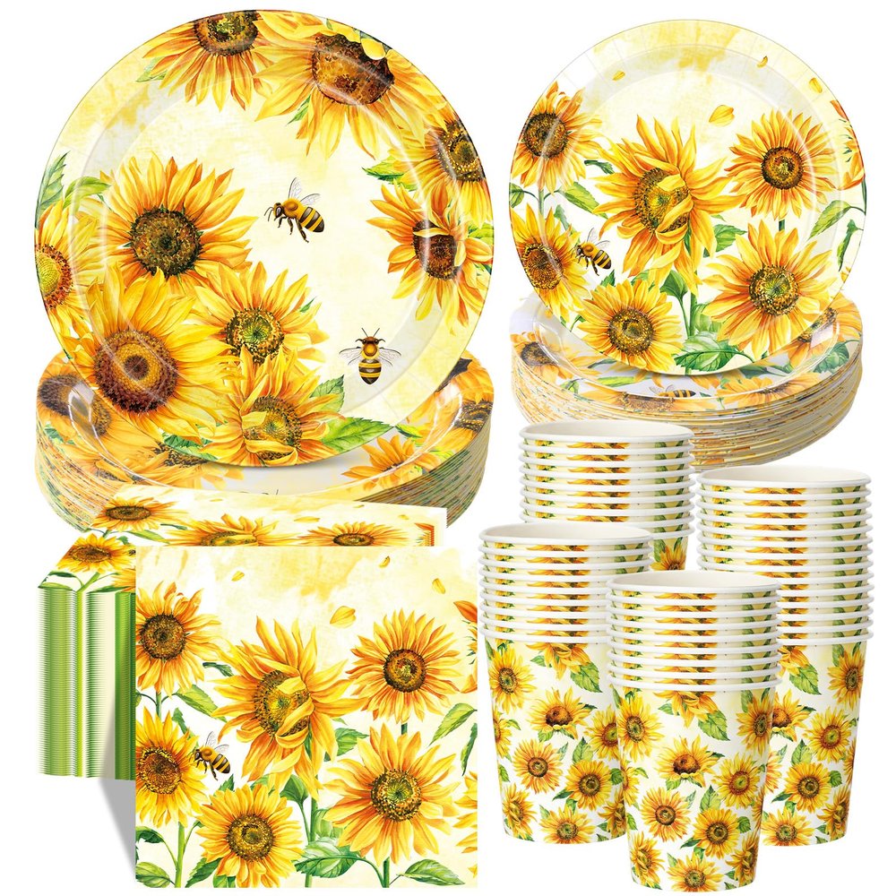 Pickmesh 250 Pcs Sunflower Party Supplies Decorations Serve 50 Sunflower Disposable Paper Plates Napkins and Cups Tableware Set for Floral Birthday Wedding Bridal Shower Baby Shower Tea Party Supplies