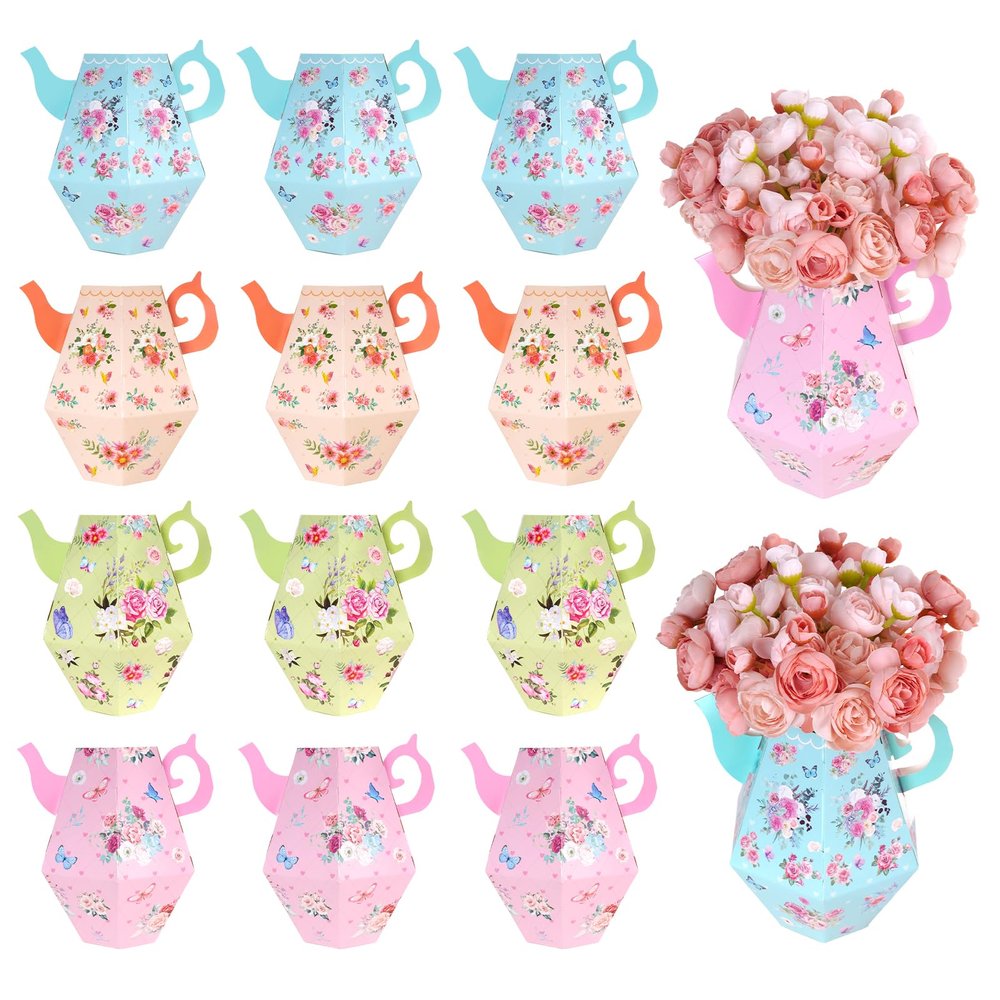12Pcs Tea Party Decorations Floral Teapot Centerpiece for Floral Tea Themed Birthday Party Flower Vase Boxes Centerpiece for Wedding Anniversaries Supplies Mother's Day Gift