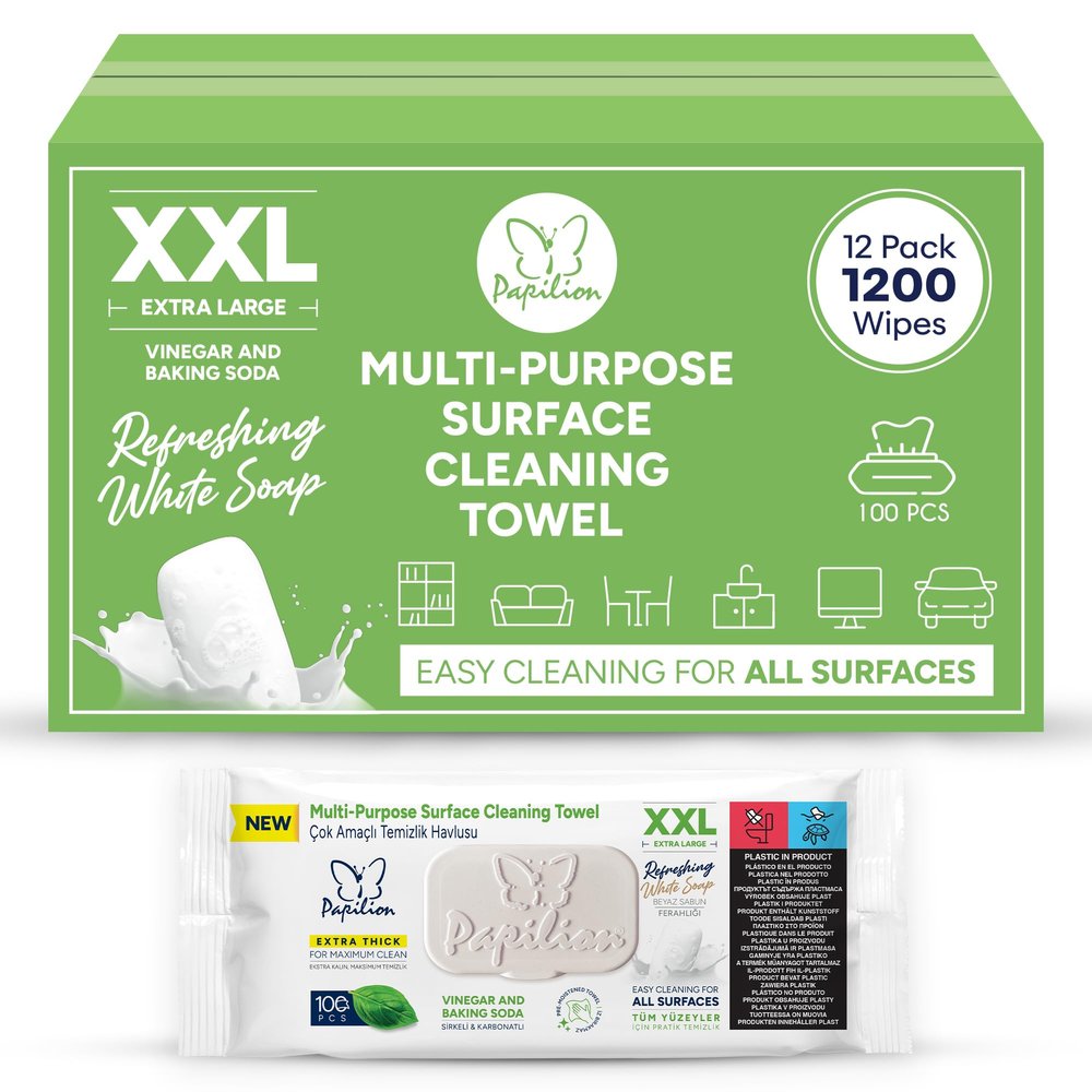 PAPILION Multi-Surface Cleaning Wipes, White Soap Scent, Removes Dirt & Stains, Paraben & SLS-Free, Surface-Safe Formula for Everyday Home, Kitchen & Office Cleaning, Flip-Top Pack, 1200 Count