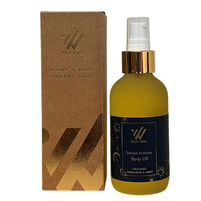 Wild Vibes Sacred Alchemy (Palo Santo) Body & Massage Oil - Hydrating Jojoba, Papaya Seed Oil, Vitamin E, Lupine Seed Extract for Collagen production Nourishing Oil for all skin types 4oz