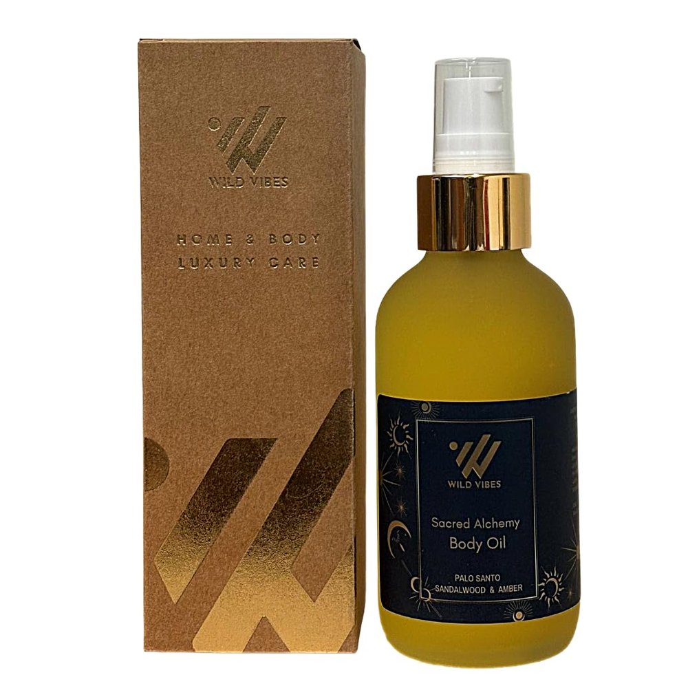 Wild Vibes Sacred Alchemy (Palo Santo) Body & Massage Oil - Hydrating Jojoba, Papaya Seed Oil, Vitamin E, Lupine Seed Extract for Collagen production Nourishing Oil for all skin types 4oz