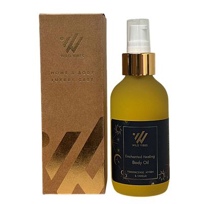 Wild Vibes Enchanted Healing (Frankincense) Body & Massage Oil - Hydrating Jojoba, Papaya Seed Oil, Vitamin E, Lupine Seed Extract for Collagen Production Nourishing Oil for All Skin Types 4oz
