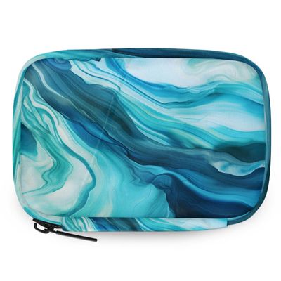 Abstract Blue Green Marble Pattern Pill Organizer Travel Medicine Case with Zipper Daily Vitamin Storage Bag Portable 8 Slot Weekly Pill Box Supplement Holder for Home Office Gym Travel