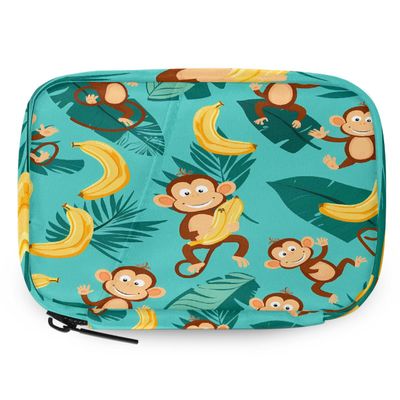 Cute Monkeys Banana Palm Leaf Pill Organizer Travel Medicine Case with Zipper Daily Vitamin Storage Bag Portable 8 Slot Weekly Pill Box Supplement Holder for Home Office Gym Travel