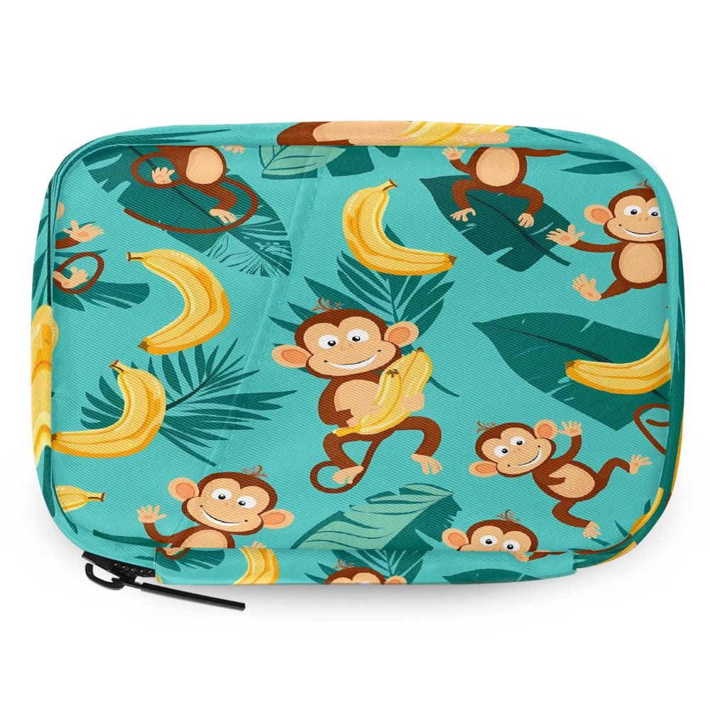 Cute Monkeys Banana Palm Leaf Pill Organizer Travel Medicine Case with Zipper Daily Vitamin Storage Bag Portable 8 Slot Weekly Pill Box Supplement Holder for Home Office Gym Travel