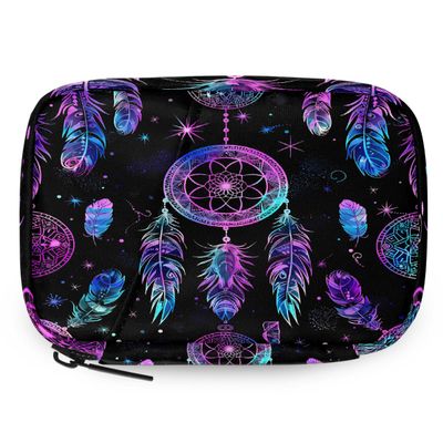 Fantasy Dreamcatchers Feather Pill Organizer Travel Medicine Case with Zipper Daily Vitamin Storage Bag Portable 8 Slot Weekly Pill Box Supplement Holder for Home Office Gym Travel