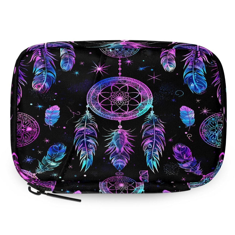 Fantasy Dreamcatchers Feather Pill Organizer Travel Medicine Case with Zipper Daily Vitamin Storage Bag Portable 8 Slot Weekly Pill Box Supplement Holder for Home Office Gym Travel