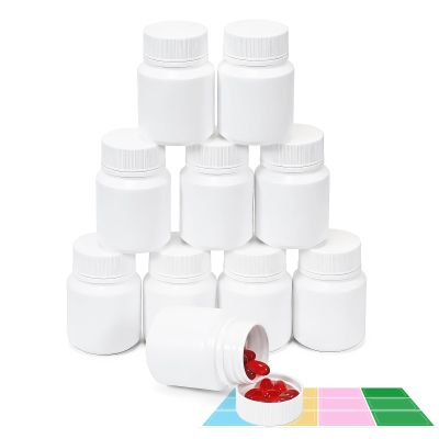 10 Pack 1.8oz Travel Pill Bottles - White Food Grade Plastic with Screw Caps & Labels, Small Pill Organizer for Pills, Vitamins, Capsules