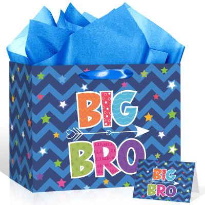 Big Brother Gift Bag for Men Boys, Wave Star Big Bro Gift Bag with Tissue Paper and Greeting Card Blue Wrapping Paper Brother Birthday Party Decoration for Men Kid Baby Boy Birthday Party Supplies