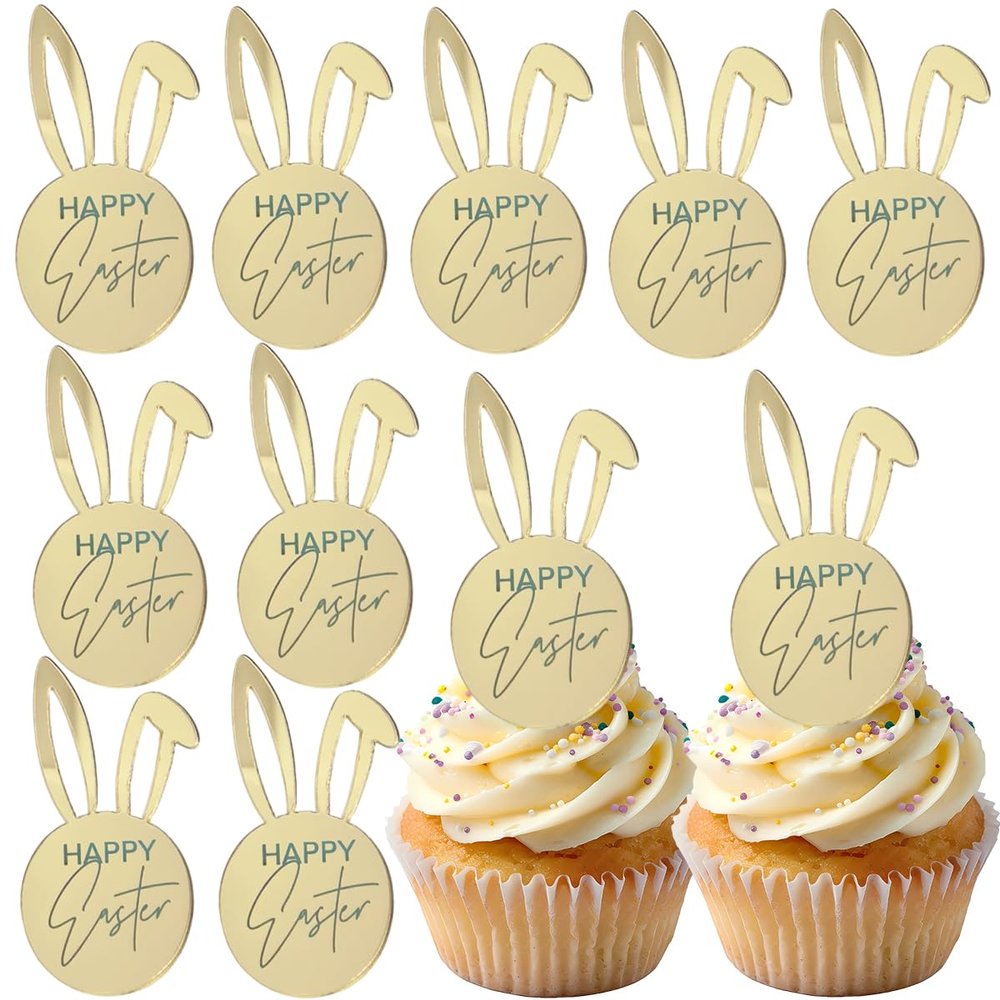 10 Pcs Happy Easter Cupcake Toppers Gold Acrylic Mirror Disc Bunny Cake Topper Happy Easter Cupcake Topper for Spring Decorations