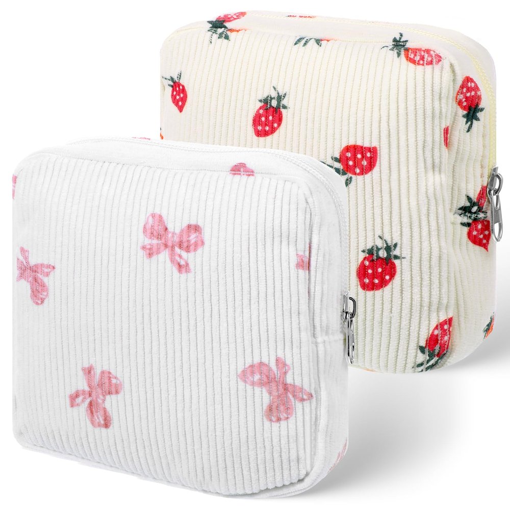 2 Pack Period Bag Pouch for Women Girls, Cute Corduroy Sanitary Napkin Storage Bag with Bow Design, Portable Discreet Menstrual Pad Pouches Tampon Holder for Purse, Small Make Up Bags
