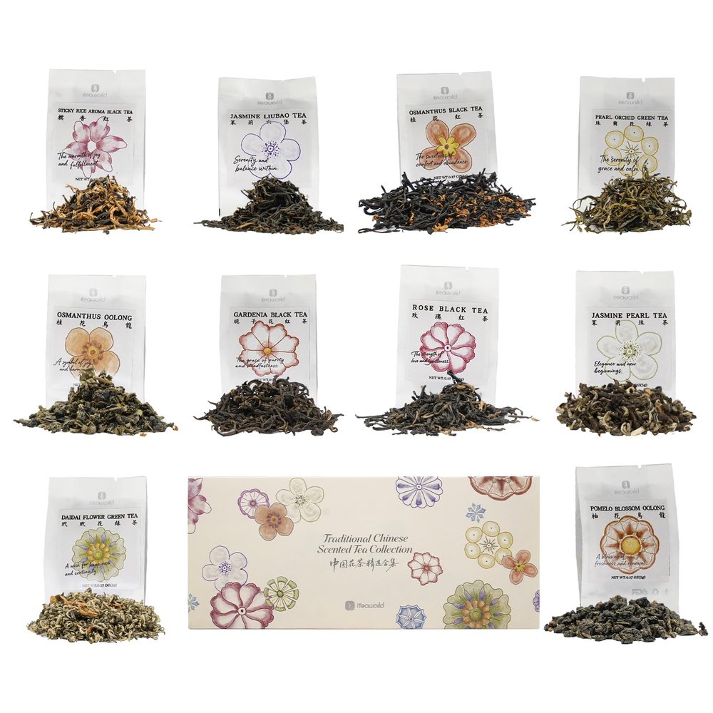 iTeaworld China Flower Tea Series, 10 Different Tea Variety Pack(Jasmine Green Tea, Rose Black Tea, Pomelo Blossom Oolong ect.), Each Flavor Comes With 2 Packs Of Loose Leaf Tea Sampler, A Great Tea Bags Variety Pack Gift Set, 3.5oz