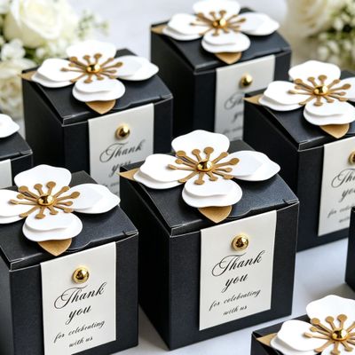 20PCS Beige Gold Wedding Favor Box, Bridal Shower Favor Boxes, with Thank You Tag and Floral Decoration, Shimmer Pearl Candy Box For Wedding Birthday Celebration, size 2.6x2.6x2.6 (Light Gold)