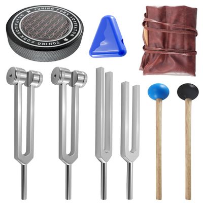 Tuning Forks for Healing Set 128Hz 256Hz 512Hz 528Hz with Sound Therapy Frequency Kit with Activator, Mallet, Massage Base and Storage Bag