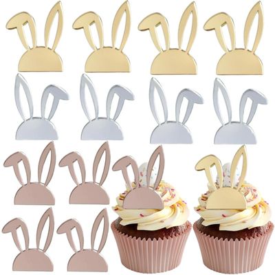 12 PCS Easter Cupcake Topper Acrylic Mirror Cake Toppers Gold Silver Rose Gold Bunny Cupcake Toppers for Easter Party Dessert Decoration Supplies