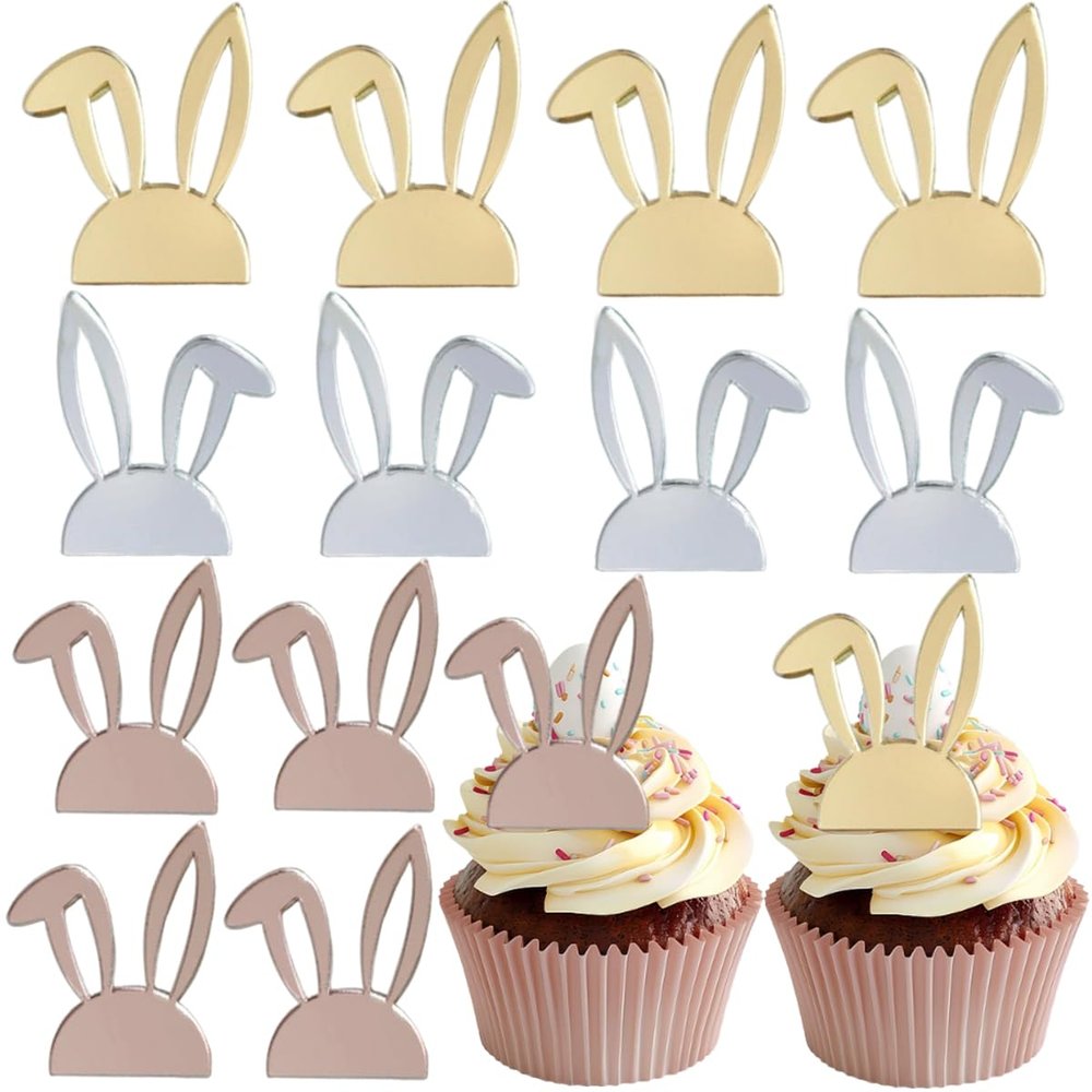 12 PCS Easter Cupcake Topper Acrylic Mirror Cake Toppers Gold Silver Rose Gold Bunny Cupcake Toppers for Easter Party Dessert Decoration Supplies