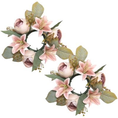 Candle Rings Wreaths 3 Inch Center, 2PCS Lilies Rose Floral Candle Rings, Flower Centerpieces for Tables Wedding Bridal Home Decor