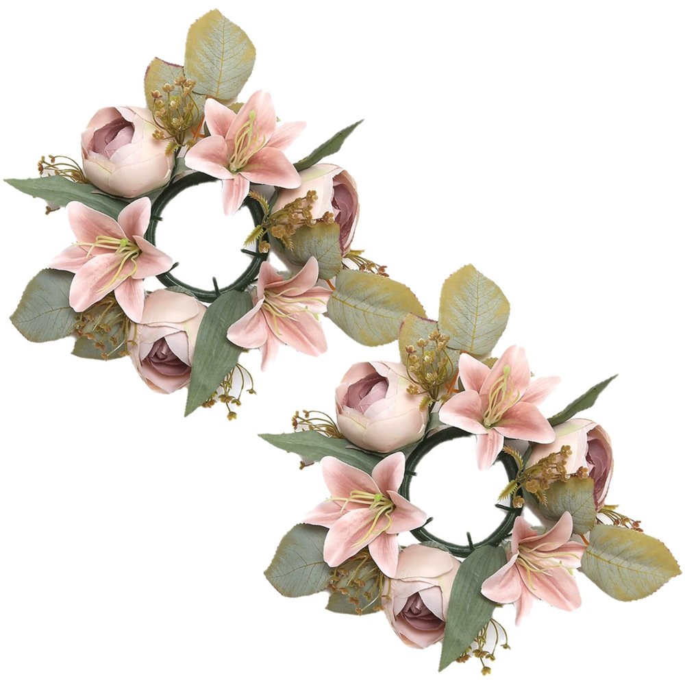 Candle Rings Wreaths 3 Inch Center, 2PCS Lilies Rose Floral Candle Rings, Flower Centerpieces for Tables Wedding Bridal Home Decor