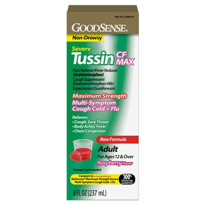 GoodSense Tussin Severe CF Max Multi-Symptom Cough, Cold and Flu, Raspberry Flavor, Cough Medicine, 8 Ounces