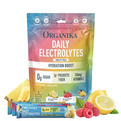 Organika Daily Electrolytes Powder Variety Pack with Vitamin C & Prebiotic Fiber 21 Single-Serve Sachets (Lemonade, Raspberry, Pineapple Passion Fruit), Sugar-Free, Caffeine-Free